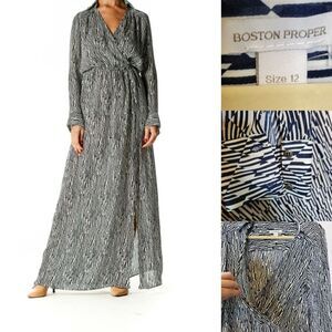 12 BOSTON PROPER HIGH SLIT MAXI BLACK WHITE LIGHTWEIGHT LONG SLEEVE DRESS XL